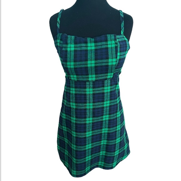 Wild Honey Plaid Flannel Mini Dress Green Navy Size Small - Picture 2 of 8